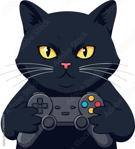 Black cat holding game controller playing video games with yellow eyes and pink nose vector illustration