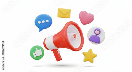 3D model illustration featuring various colorful icons depicting themes of communication and social media interaction against a white background.
