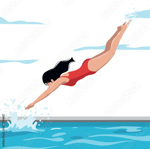Woman diving into pool in red swimsuit with splash under clear sky summer outdoor activity vector illustration