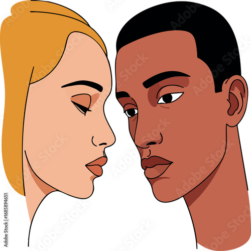 Diverse couple facing each other in thoughtful intimate moment vector illustration for relationships and connection concept