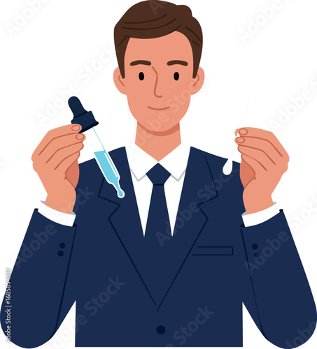 Businessman in navy suit holding pipette and capsule for pharmaceutical research vector illustration