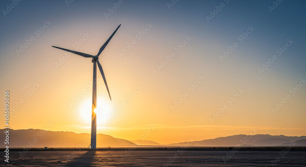 Obraz premium Wind turbine farm prominently in the foreground, set against a landscape that features a flat, expansive terrain with mountains in the background.