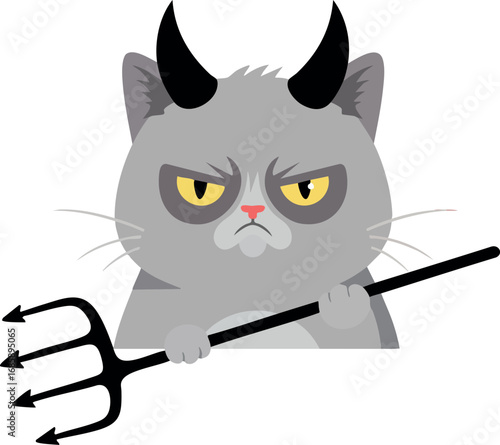 Devil cat holding pitchfork with angry expression and black horns illustration in vector style