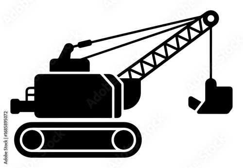 A black and white silhouette of a stylized crawler crane on a white isolated background. Vector graphics. EPS.