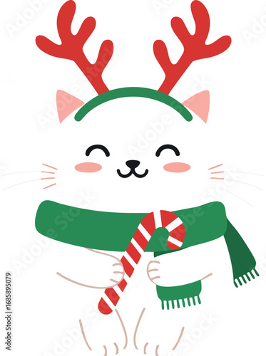 Cute cat with reindeer antlers and green scarf holding candy cane festive winter holiday vector illustration