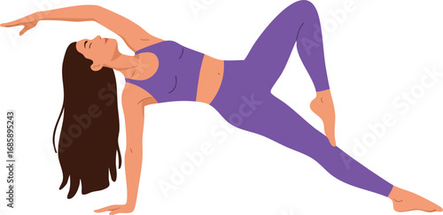 Woman practicing side plank yoga pose in purple activewear for fitness and balance exercise vector illustration