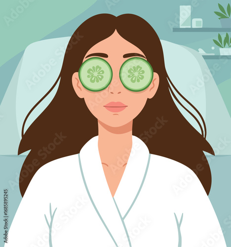 Woman with cucumber slices on eyes relaxing in spa wearing white robe vector illustration