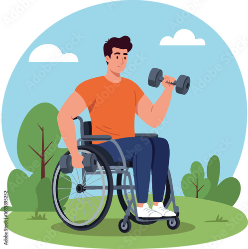 Man in wheelchair exercising with dumbbell outdoor fitness and healthy lifestyle concept vector illustration