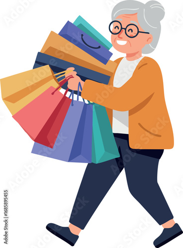 Elderly woman carrying multiple colorful shopping bags smiling contentedly casual style vector illustration