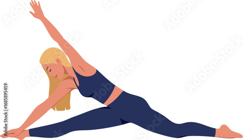 Woman stretching in navy blue sportswear performing seated side stretch exercise for flexibility and fitness