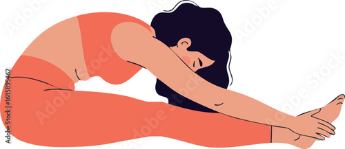 Woman stretching forward in seated yoga pose wearing orange activewear vector illustration