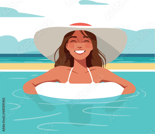 Woman smiling in large sunhat relaxing in pool water with ocean and sky background summer vacation outdoors