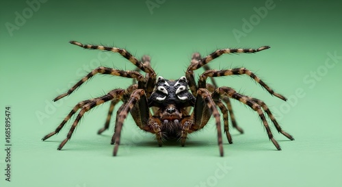 Close up detailed macro view of a hairy brown spider with striped legs on a green