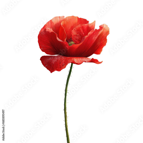 Close-up of a vibrant red poppy.  Detailed petals,  thin stem.  Dark background
