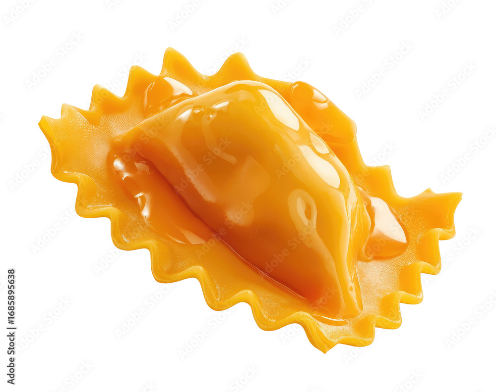 Obraz premium Close-up of a golden-yellow pasta filled with a smooth, orange-yellow filling. Its ruffled edges and glossy surface suggest freshness and preparation