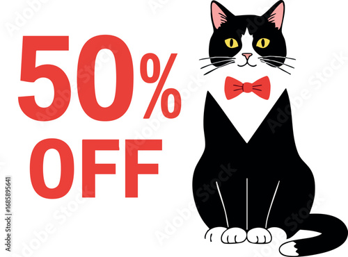 Black and white cat with red bow tie and fifty percent off sign vector illustration for sale promotion and discount advertising