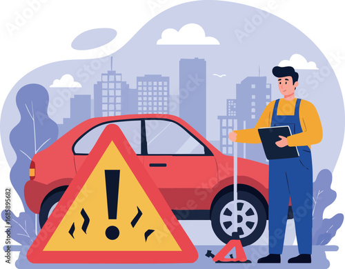 Car mechanic inspecting vehicle with warning sign and tire jack in urban cityscape vector illustration