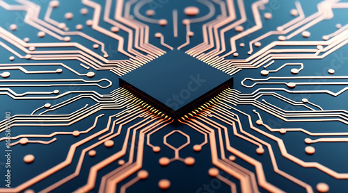 Microchip on circuit board with copper pathways and electronic connections in close up macro shot showing technology and innovation