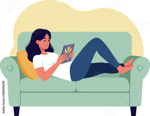 Woman relaxing on green sofa reading a book in comfortable living room scene with casual outfit and calm atmosphere