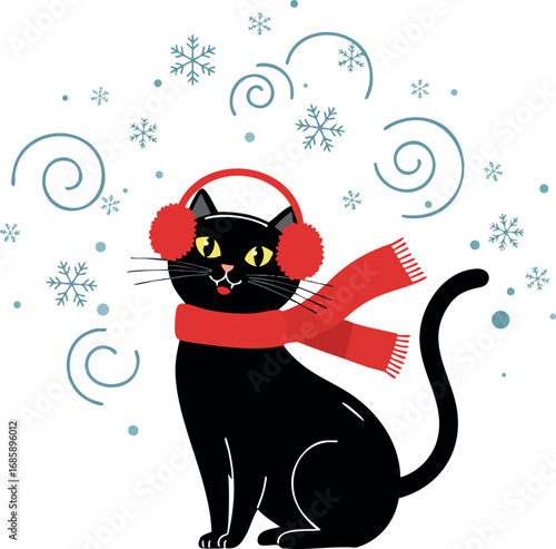 Black cat with red earmuffs and scarf sitting in snowflakes winter scene vector illustration