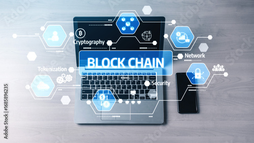 Wallpaper Mural A modern laptop displaying blockchain technology concepts like security, network, and cryptography in a digital workspace, symbolizing innovation and finance. Tessel Torontodigital.ca