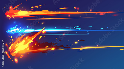 Blaster shot effect with fire, Free Vector plasma beam set, Animation with smoke