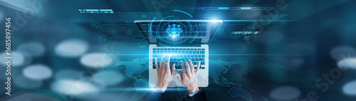 Task scheduling, milestone tracking Businessman using laptop with resource allocation, workflow optimization, deadline management, team collaboration, and risk assessment.