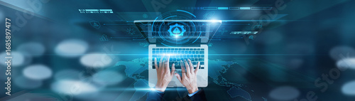 Threat assessment, compliance analysis Businessman using laptop with financial exposure, contingency planning, scenario modeling, control measures, and mitigation strategies.