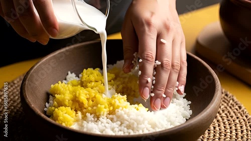Pouring fresh milk onto a vibrant rice dish, showcasing culinary preparation and wholesome