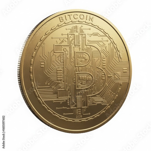 Moneda de Bitcoin dorada detallada con diseño de circuito, mostrando el símbolo 'B' y la inscripción 'BITCOIN' y '2009', sobre un fondo blanco aislado.