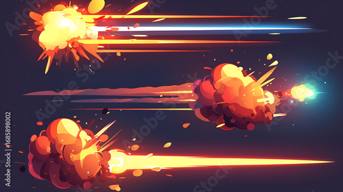 Blaster shot effect with fire, Free Vector plasma beam set, Animation with smoke