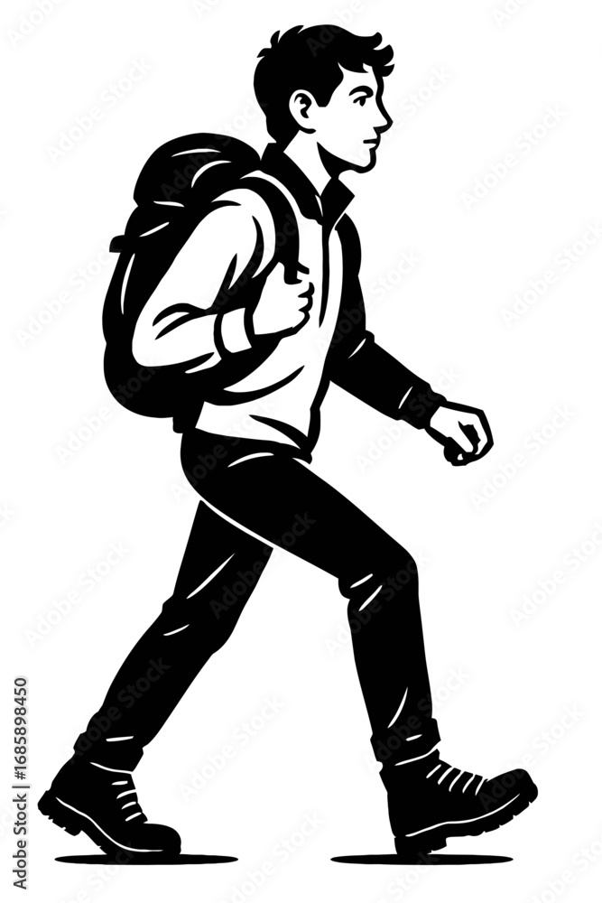 Fototapeta premium Dynamic black and white vector illustration of a young man with a backpack, confidently striding forward. This graphic embodies the spirit of outdoor adventure, hiking, and travel, symbolizing explora