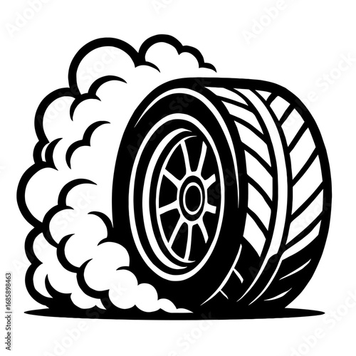 Dynamic black and white vector illustration of a high-performance racing tire performing a dramatic burnout, generating massive clouds of smoke, symbolizing extreme speed, power, acceleration, and raw
