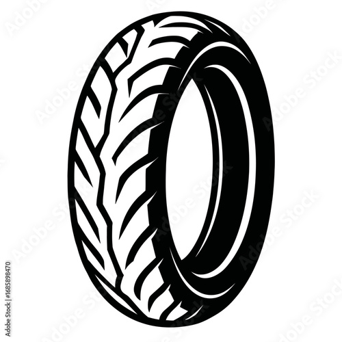 High-Quality Vector Illustration of a Black and White Motorcycle Tire with Aggressive Tread Pattern, Perfect for Automotive, Motorsport, and Vehicle-Related Designs, Icons, Logos, and Graphic Elements