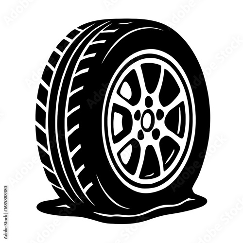High-quality black and white vector illustration depicting a flat car tire with a modern alloy rim, clearly showing a deflated automobile tyre. This graphic is perfect for automotive repair, roadside 