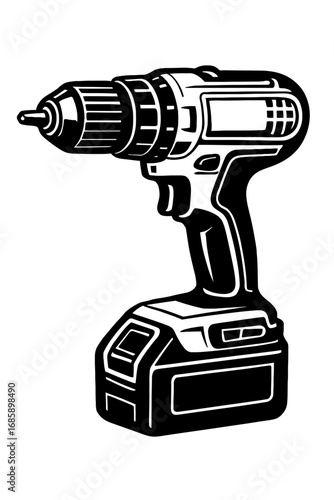 Cordless drill power tool vector, black and white, with detachable battery pack, for home improvement, construction, and DIY tasks, emphasizing ergonomic design and portability for professionals.