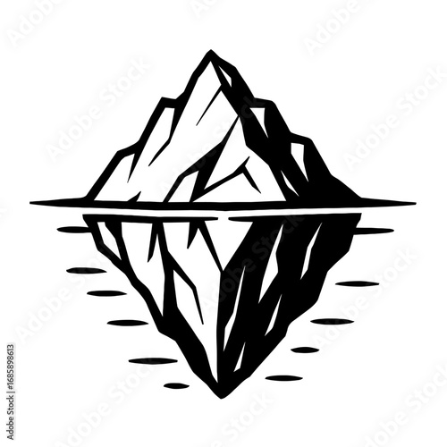 Monochrome vector art of an iceberg, showing its visible peak above water and its larger, hidden mass below. Powerful metaphor for unseen issues, challenges, potential, and true scale. Clean, conceptu