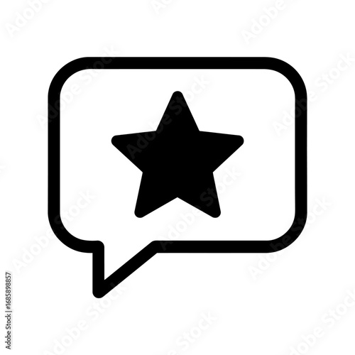 Black star in speech bubble icon. Represents favorite messages, top reviews, vital feedback, premium content. Ideal for UI/UX, app design, web interfaces, notifications. Signifies quality, user prefer