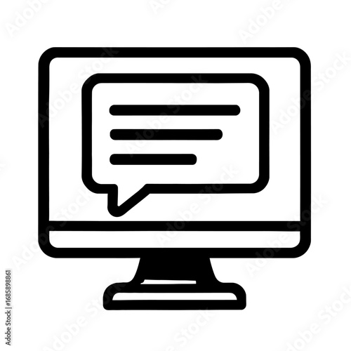 Desktop computer monitor icon with a prominent speech bubble symbol displayed on its screen, representing essential online communication, digital messaging, responsive customer support, and seamless v