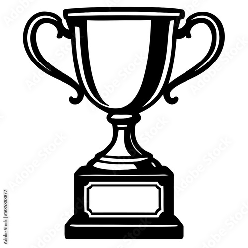 Elegant black and white trophy cup vector illustration, classic award symbol with blank plaque on pedestal, perfect for achievement, winner, championship, success, recognition, sport, or corporate des