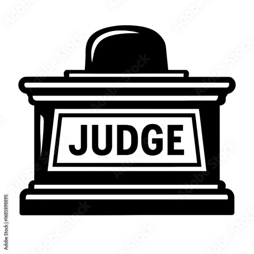 Black and white icon: Judge's bench with gavel and 'JUDGE' text. Symbolizes justice, law, court, authority, and judicial proceedings. Ideal for legal, government, education, and courtroom designs, rep