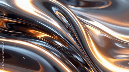 Liquid Metal Abstraction: Fluid, metallic surfaces ripple and glow, creating a mesmerizing dance of light and shadow, an evocative digital rendering of form and texture.
