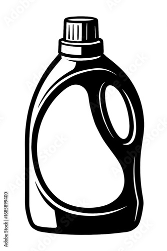 Monochrome vector art of a plastic bottle, ideal for laundry detergent, fabric softener, or household cleaner. Features an ergonomic handle and secure cap, perfect for packaging, branding, cleaning su