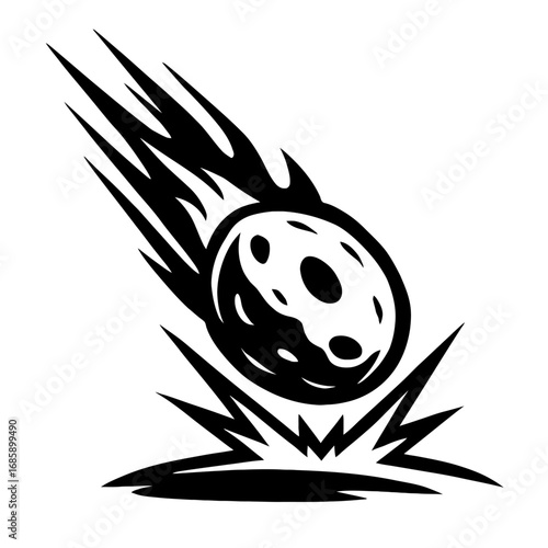 Black and white vector of a meteor or asteroid impact. A fiery celestial body crashes, creating an explosion. Dynamic graphic for cosmic collision, destruction, space events, and powerful strikes. Per
