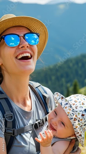 Happy Caucasian mother holding her laughing baby during a mountain hike