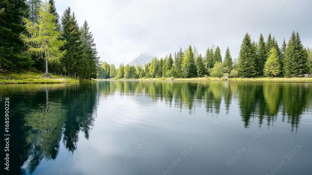 Fototapeta premium Tranquil freshwater ecosystem with reflective calm lake and lush greenery