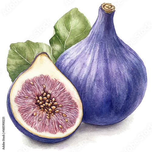 Fig, watercolor illustration vector, isolated on a white background.