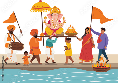 A Celebratory Graphic of a Ganesh Visarjan Procession, a Sacred Ritual of Devotees Immersing the God's Idol during Ganesh Chaturthi.