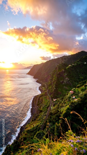 Coastal sunset over dramatic cliffs