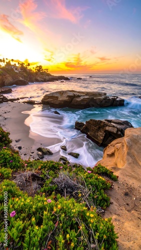 Coastal sunset over rocky beach